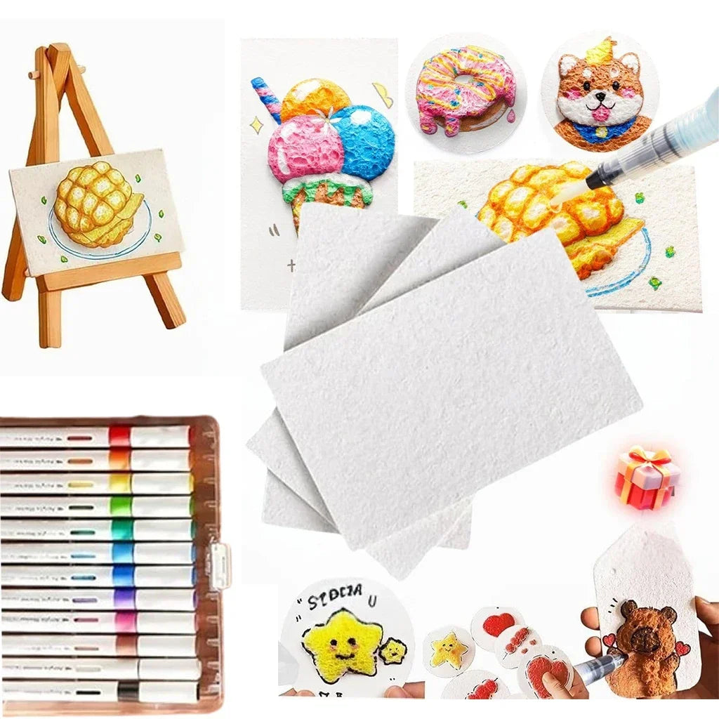A bubble painting kit showing foam art paper, markers, and a wooden easel with painted subjects.