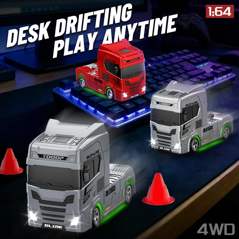 A red and white 1:64 scale RC drifting truck is displayed on a desk with other similar models.