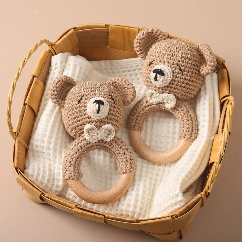 Handcrafted Wooden Crochet Animal Rattle for Babies