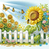 A vibrant illustration of a sunny garden with yellow flowers, green leaves, and butterflies, featuring a white picket fence.