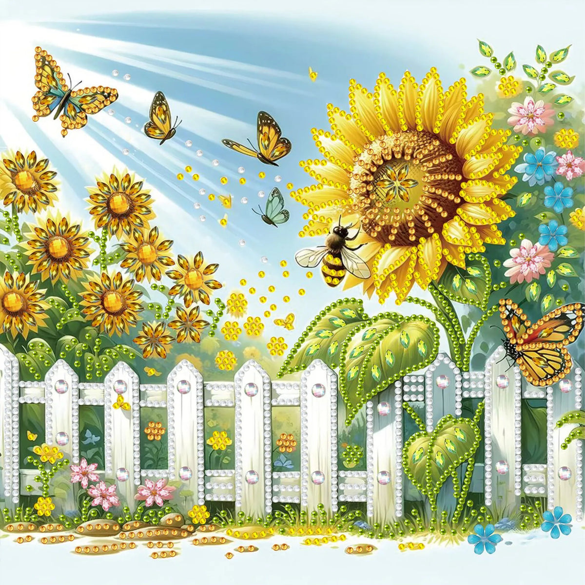A vibrant illustration of a sunny garden with yellow flowers, green leaves, and butterflies, featuring a white picket fence.