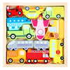 A wooden tangram puzzle board featuring colorful toy vehicles like cars and trucks.