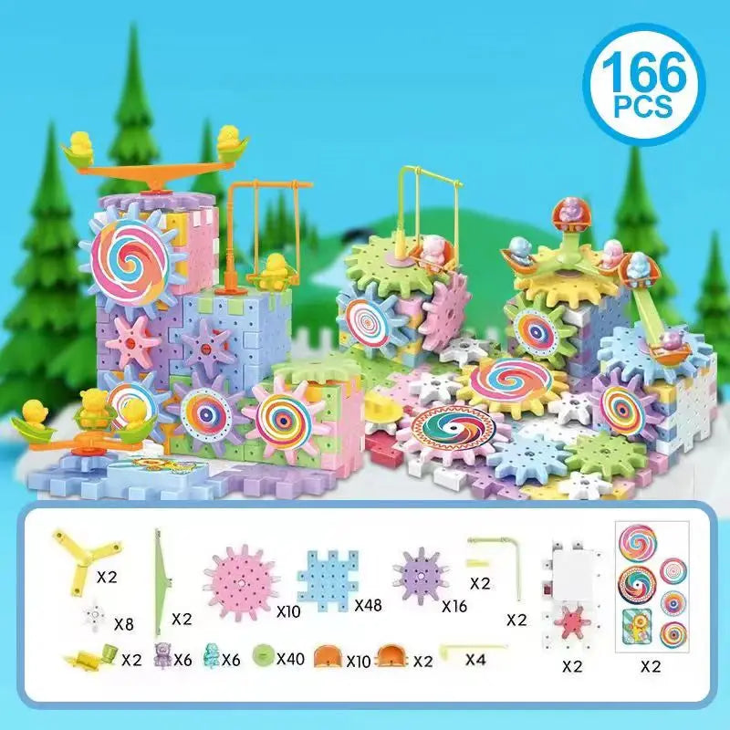 A set of 166 motorized gear building blocks and rail car components for construction
