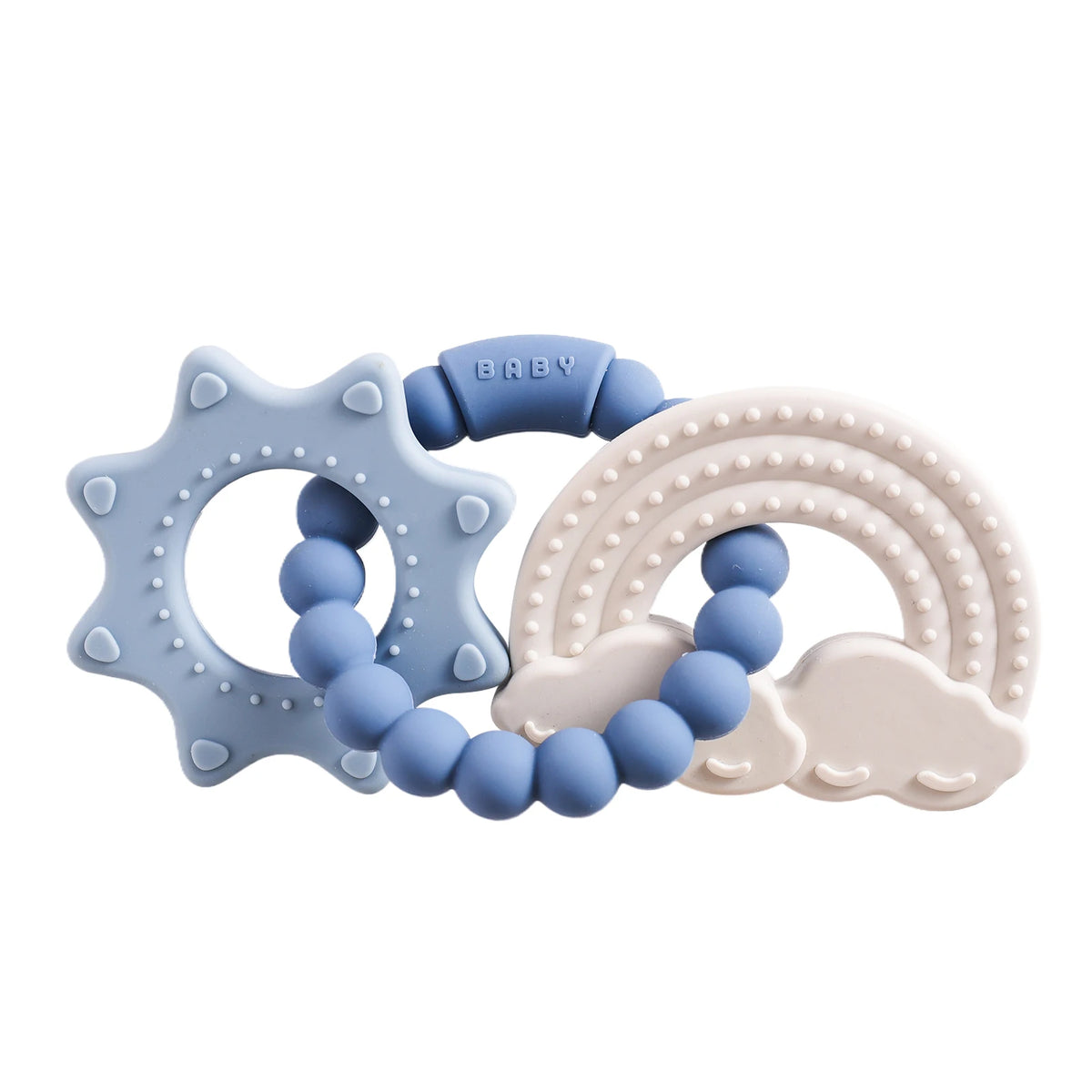 A set of food-grade silicone teethers featuring a star shape, a baby name, and a rainbow arch with cloud-shaped silicone bead