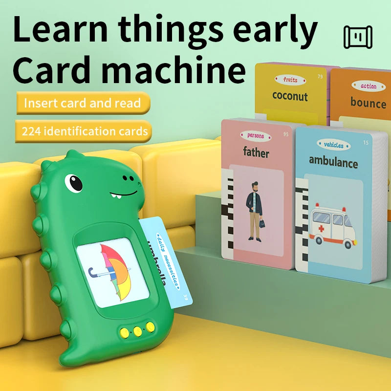 A green interactive card machine with a screen is displayed next to several colorful identification cards.