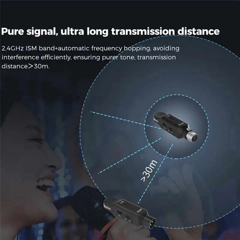 A professional wireless microphone system showing a transmitter and receiver being used for long-distance audio transmission.