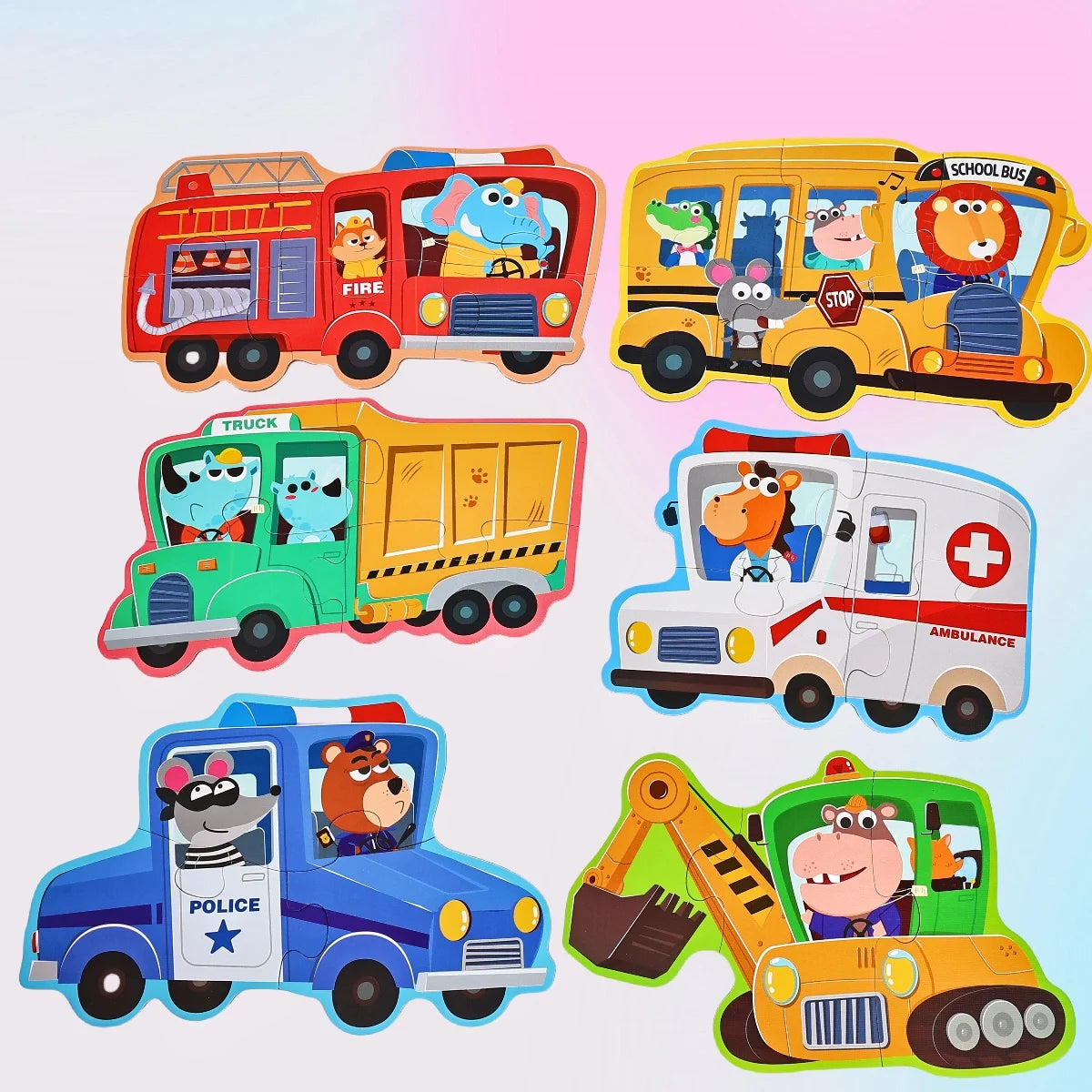 A collection of colorful toy vehicles including a fire truck, school bus, truck, ambulance, and police car.