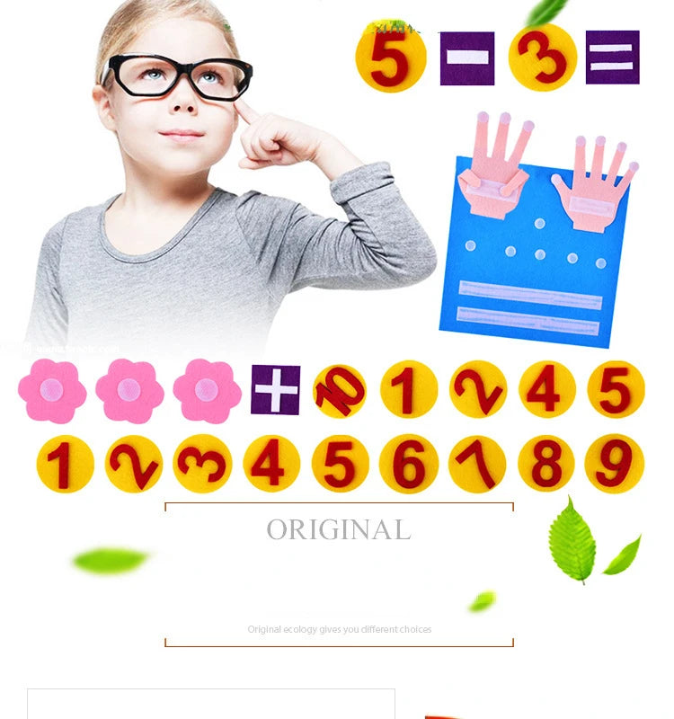 A child points to a math equation, surrounded by felt numbers and fingers demonstrating counting.