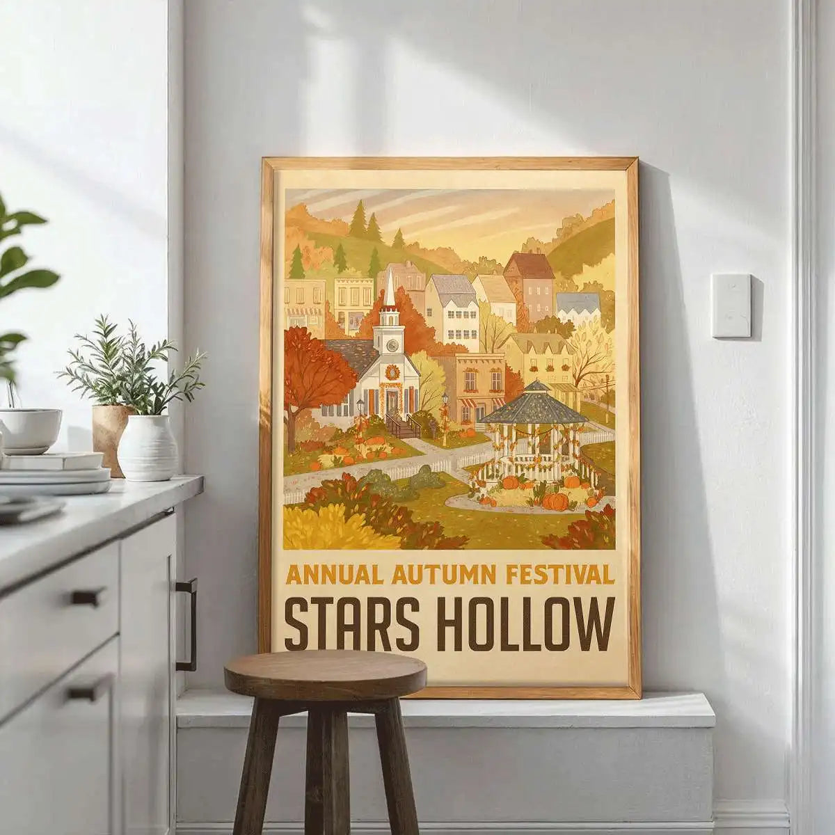 Vintage Autumn Festival Art Print — Cozy Window Scene Wall Decor