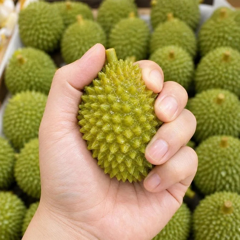 A hand holds a green durian fruit with a spiky texture, surrounded by other similar fruits.