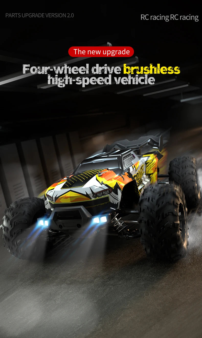 A black and yellow four-wheel drive brushless high-speed RC monster truck with bright LED lights on a dark surface.