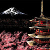 A dramatic night scene featuring Mount Fuji, a sprawling city skyline, and a traditional Japanese pagoda rendered in scratch 