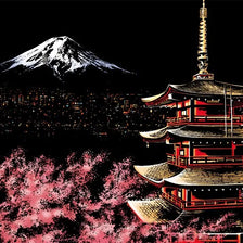 A dramatic night scene featuring Mount Fuji, a sprawling city skyline, and a traditional Japanese pagoda rendered in scratch 