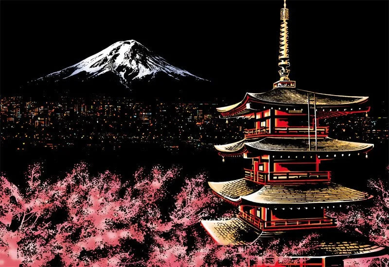A dramatic night scene featuring Mount Fuji, a sprawling city skyline, and a traditional Japanese pagoda rendered in scratch 