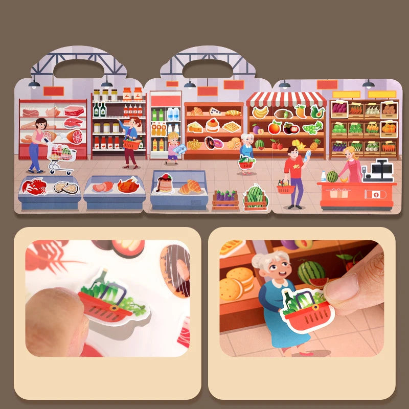 A colorful sticker book featuring scenes of a grocery store and produce, designed for kids.