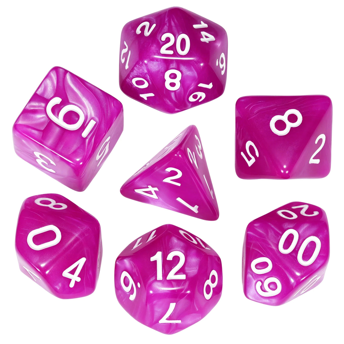 A set of seven translucent pink marble effect polyhedral dice showing various numbers and shapes.