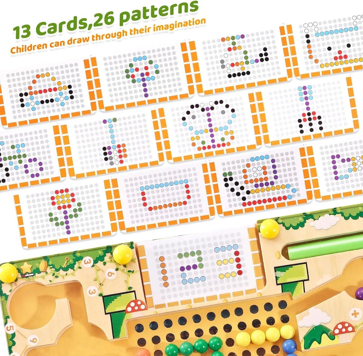 A wooden magnetic maze puzzle board for toddlers featuring 13 cards with 26 patterns.