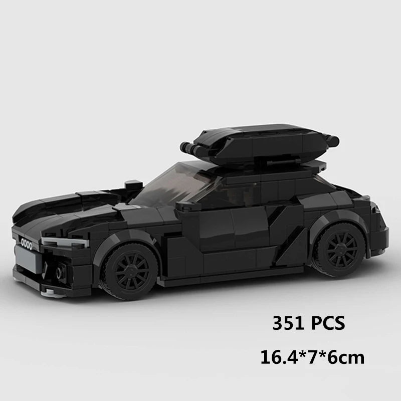 A black classic rally car building block set with a hood and wheels.