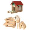 A wooden log cabin building kit featuring a small house structure with a red roof and an open window.