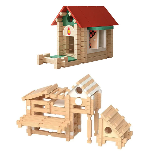 A wooden log cabin building kit featuring a small house structure with a red roof and an open window.