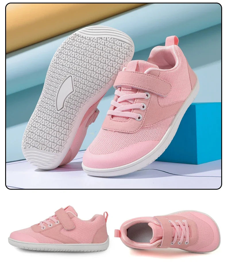 Pink minimalist barefoot sneakers for kids shown from various angles