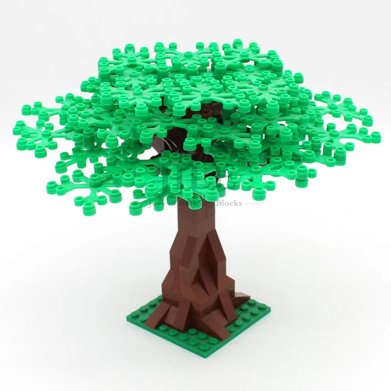 A model of a cherry blossom tree built from green LEGO-style blocks with a brown trunk and green base.