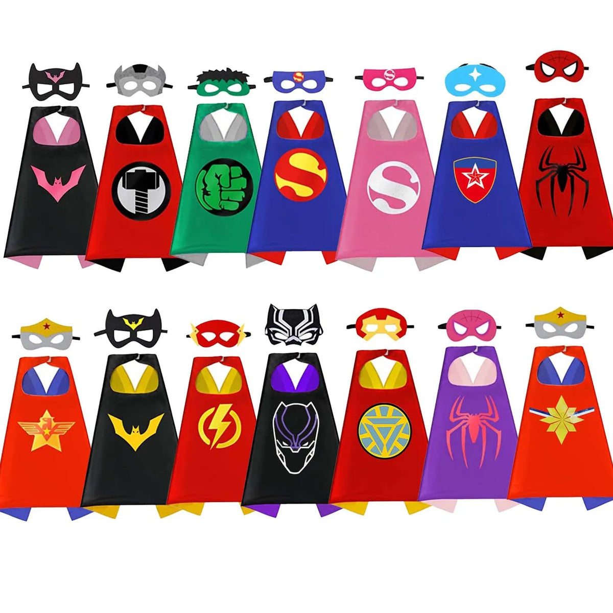A collection of colorful superhero capes and masks for kids dress-up fun.