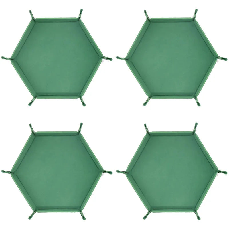 Four views of a green foldable PU leather hexagonal dice tray for tabletop games and desk organization.