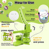 A green DIY badge maker kit showing how to use the tool to press a clear plastic film onto a mold.