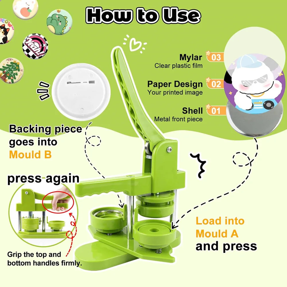 A green DIY badge maker kit showing how to use the tool to press a clear plastic film onto a mold.