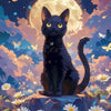 A black cat sits on a rock under a large yellow moon with colorful clouds and flowers in the background.