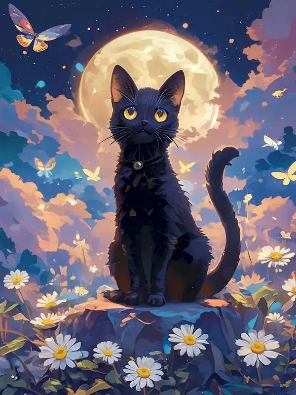 A black cat sits on a rock under a large yellow moon with colorful clouds and flowers in the background.
