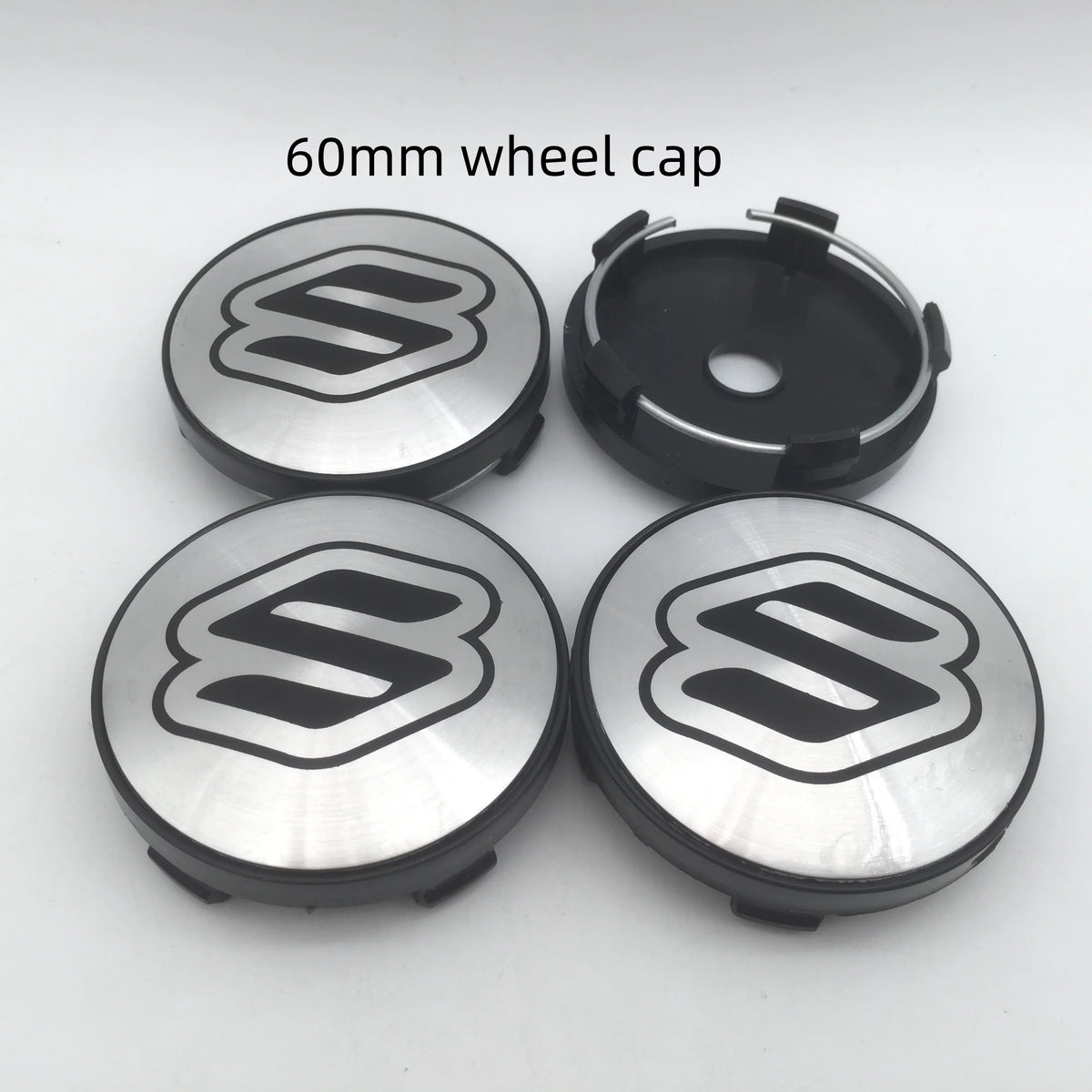 A set of 60mm Suzuki wheel cap hub center caps shown in various views.