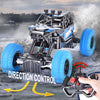 A black and blue off-road remote control car is shown with large blue tires, demonstrating direction control.