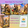 A collection of tarot decks and a guidebook featuring various cards like The Fool and Six of Swords.