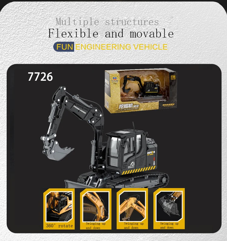 A die-cast toy excavator construction vehicle with multiple flexible and movable structures shown in various angles.