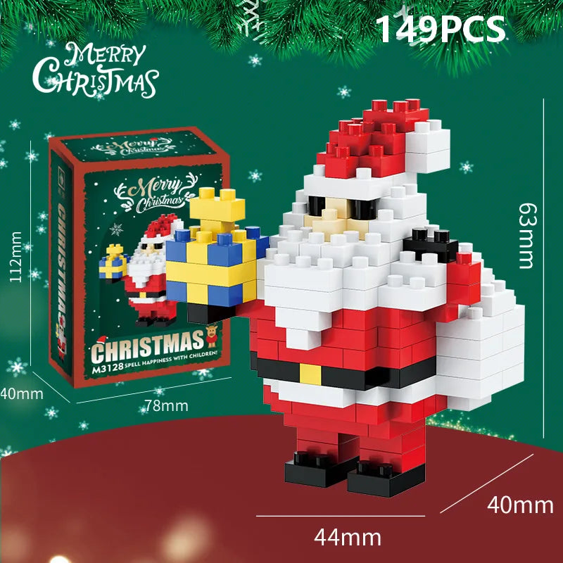 A white and red Santa figure built from micro building blocks, standing next to a green Christmas wreath.