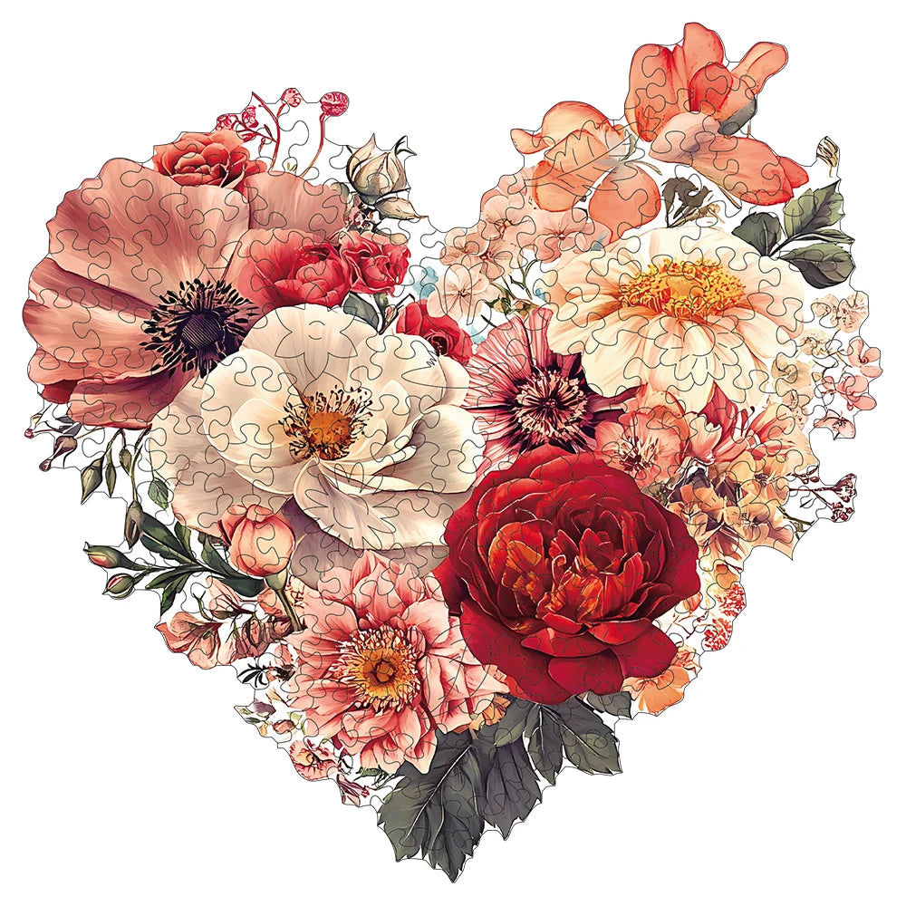 A heart-shaped jigsaw puzzle featuring a colorful arrangement of dried and fresh flowers in shades of pink, orange, red, and 