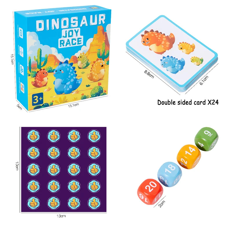 A box of Dinosaur Joy Race game featuring plastic dinosaur shapes and a double-sided card set.