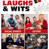 A collage showing a card game title Laughs & Wits, social events, and gifting ideas.