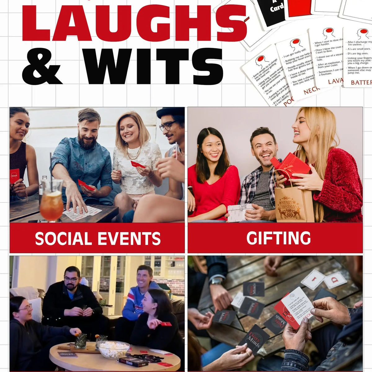 A collage showing a card game title Laughs & Wits, social events, and gifting ideas.