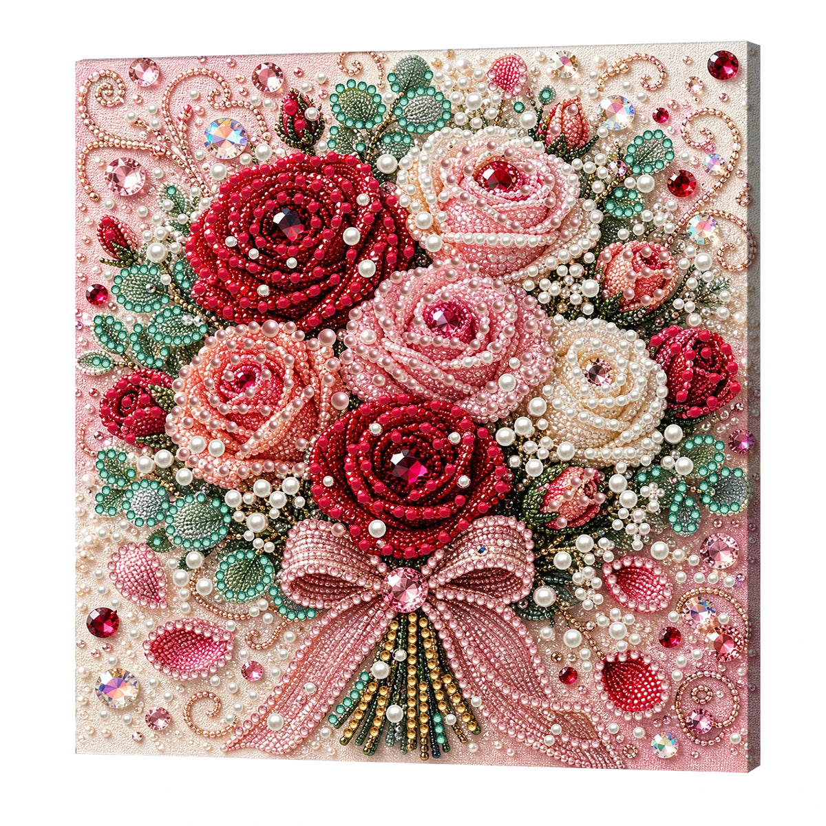 A vibrant floral painting kit featuring pink, red, and green flowers painted on a wooden frame with pearl accents.