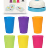 A set of colorful plastic cups in various colors including blue, purple, orange, and green.