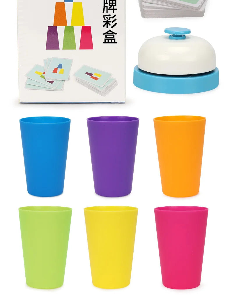 A set of colorful plastic cups in various colors including blue, purple, orange, and green.