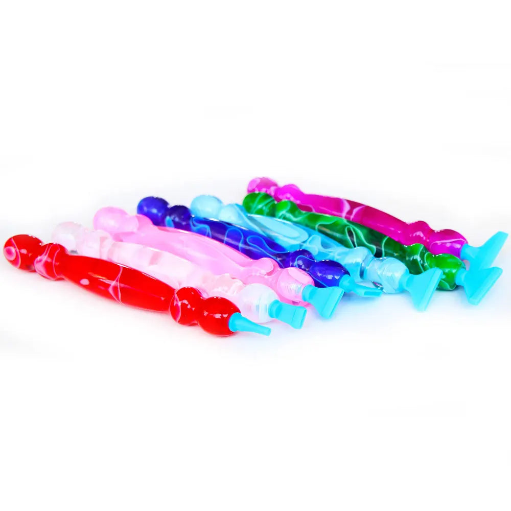 A set of twelve colorful diamond art pens with interchangeable tips in various shades of pink, purple, green, and blue.