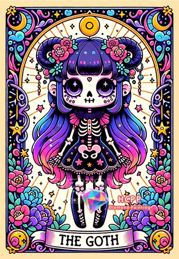 A diamond painting kit featuring a gothic tarot skull woman design with vibrant purple and pink colors.