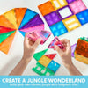 Hands build a colorful jungle wonderland using magnetic building tiles and a vehicle set