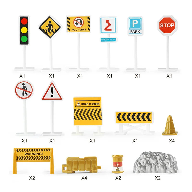 A set of ten construction and traffic signs, including a die-cast truck and transporter model.