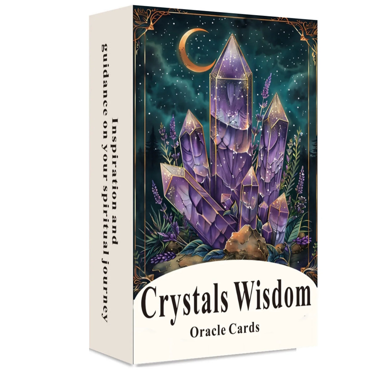 A box of Crystals Wisdom Oracle Cards featuring a mystical purple crystal structure and a crescent moon against a dark, starr