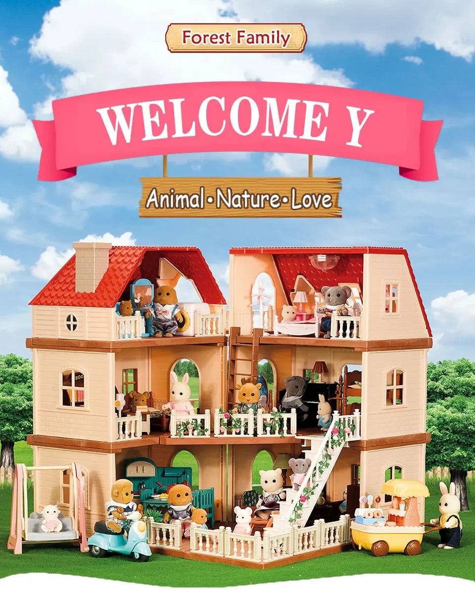 A miniature dollhouse set featuring a two-story house with furniture, animals, and nature elements.